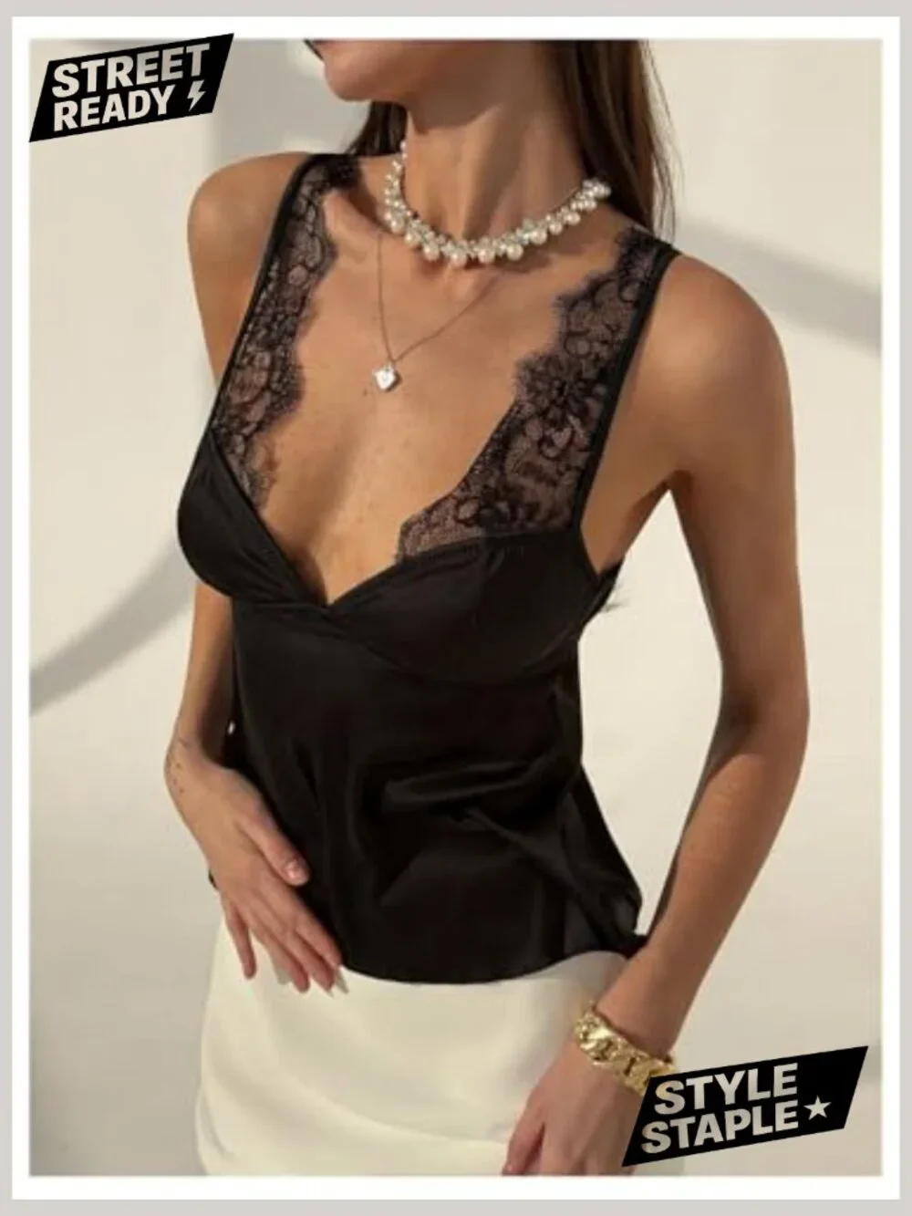Satin Lace Deep V Neck Sleeveless Camisole Tank Top - Picture 4 of 5